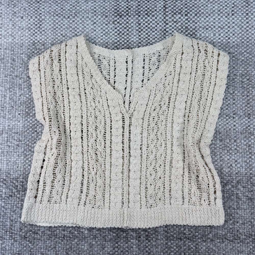 Cream Crochet Knit V-Neck Sleeveless Tank Top Boho Open Weave Vest Medium